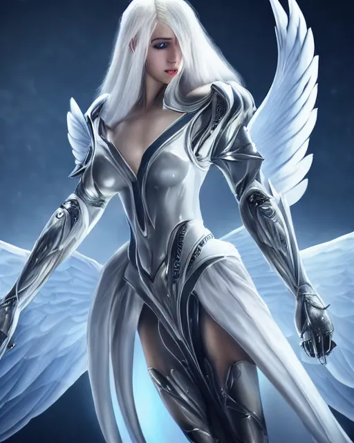 Image similar to perfect white haired egyptian goddess with huge white dove wings, warframe armor, attractive, beautiful, symmetric, dreamy, half asian, pretty face, blue eyes, detailed, scifi platform, laboratory, experiment, 4 k, hyper realistic, epic lighting, android body, illuminated, cinematic, masterpiece, art by akihito tsukushi, voidstar