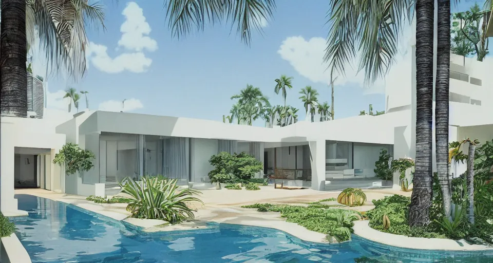 Prompt: contemporary house in an oasis with palm trees, hiroshi nagai, matte painting, artstation, concept art