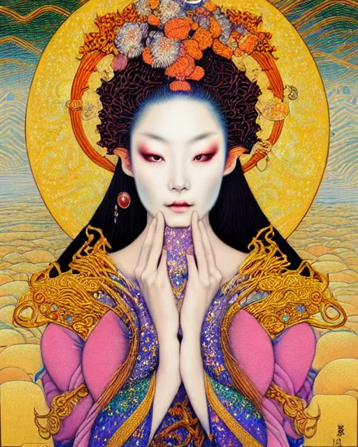 Prompt: portrait of a beautiful moon goddess, unusual beauty, esoteric, outher worldly colours, head in focus, fantasy art, ornamental aesthetics,, intricate, elegant, highly detailed, hyperrealistic painting, artstation, concept art, painterly, golden ratio, sharp focus, illustration, art by chie yoshii