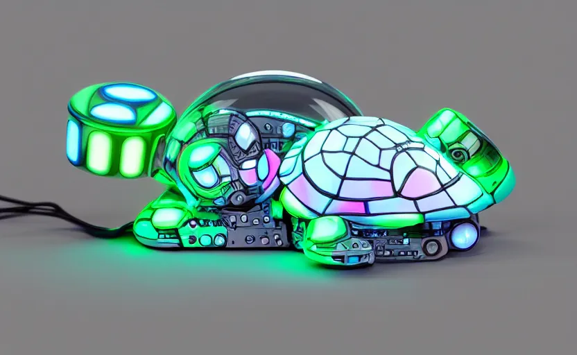 Prompt: artificial Intelligence turtle with modular-synth dials, knobs and a small AMOLED display on its shell, LED light accents, sleek design by apple, triple white colorway, modular-synth, VST, 4k, 33mm, high quality photo,