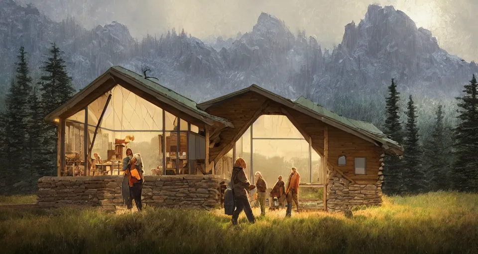 Image similar to cabela's beautiful comfortable modular pop - up insulated all terrain family dwelling, cabin,, person in foreground, mountainous forested wilderness open fields, beautiful views, painterly concept art, joanna gaines, environmental concept art, farmhouse, magnolia, concept art illustration, by james gurney, by craig mullins, by greg rutkowski trending on artstation