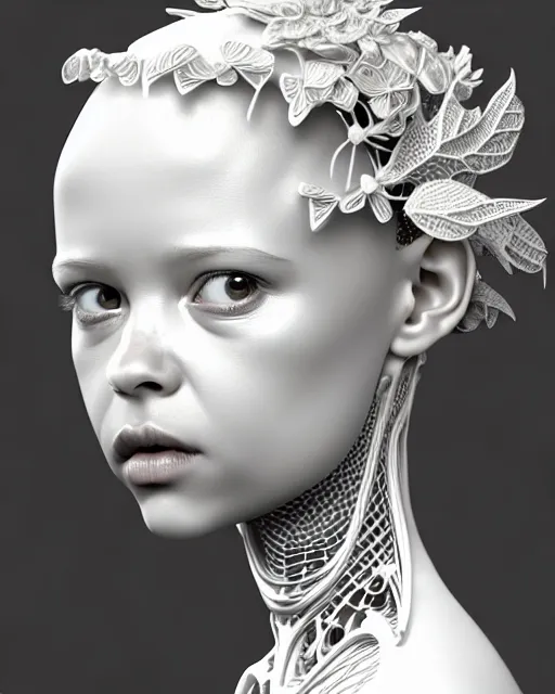 Image similar to bw 3 d render, stunning beautiful little girl angelic cute biomechanical albino female cyborg with a porcelain profile face, rim light, big leaves and stems, roots, fine foliage lace, alexander mcqueen, art nouveau fashion embroidered collar, steampunk, silver filigree details, hexagonal mesh wire, mandelbrot fractal, elegant, artstation trending