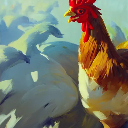 Image similar to the king of the chickens, artwork by greg manchess, medium shot, asymmetrical, organic painting, sunny day, matte painting, bold shapes, hard edges, street art, trending on artstation, by huang guangjian and gil elvgren and sachin teng