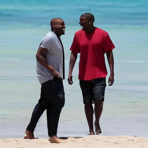 Image similar to elon musk and kanye west happy smiling laughing walking around the beach in aruba