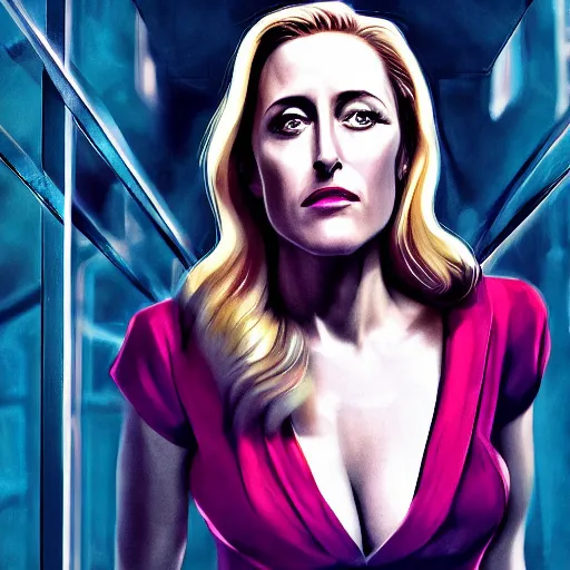 Prompt: gillian anderson portrait, arcane netflix, arcane jayce, arcane vi, arcane jinx, concept portrait, riot, acrace catoon, detailed expression, high quality, cinematic lighting, fantasy, reflective, spotlight, digital artwork