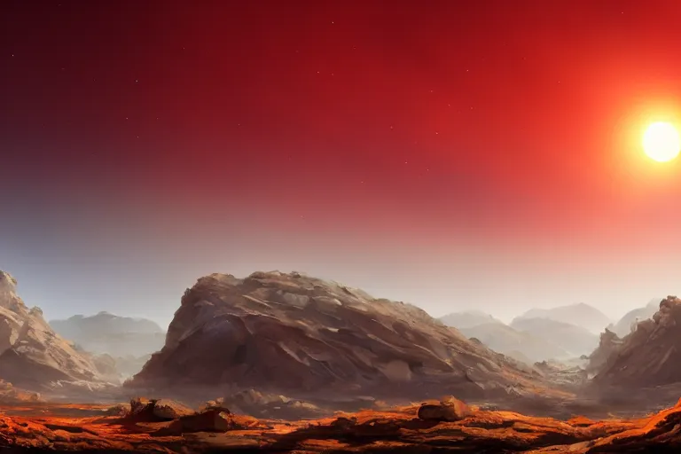 Image similar to beautiful landscape on an alien planet, the sky is red, there are two sun on the sky, digital art, highly detailed, 4k, trending on artstation