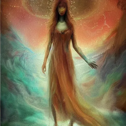 Image similar to beautiful detailed artistic portrait of a person travelling between different astral planes. grainy and rough. fine detail. soft colour scheme. artistic painting by lurid ( 2 0 2 2 ). featured on deviantart.