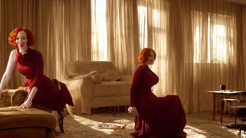 Image similar to a very happy beautiful Christina Hendricks in the living room, film still from the movie directed by Denis Villeneuve with art direction by Salvador Dalí, wide lens