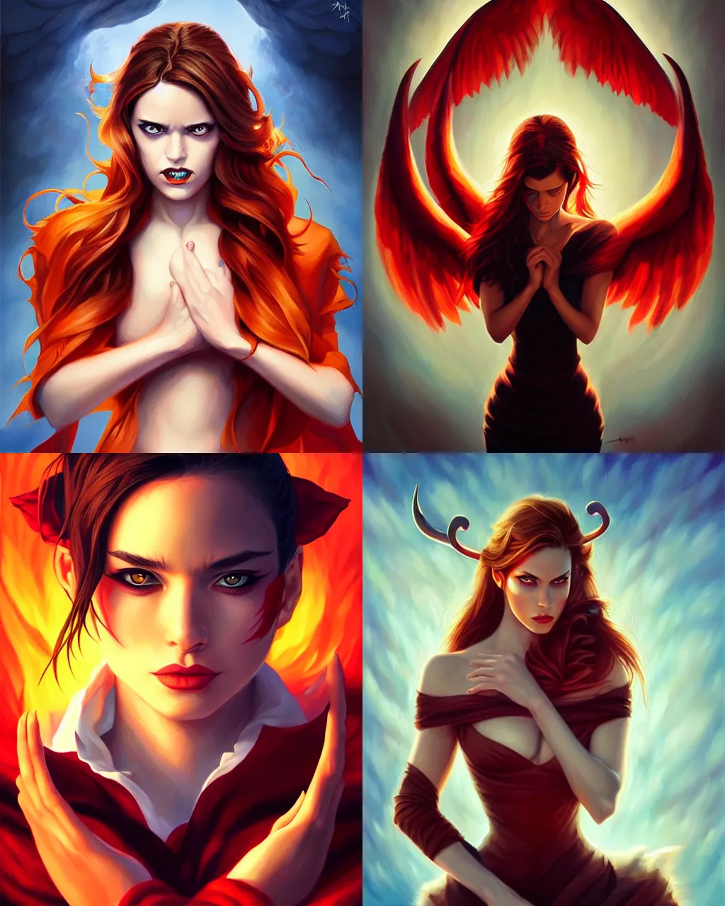 Prompt: dramatic portrait by artgerm and loish, rhads, stunning artwork, demon, devil with wings, fiery