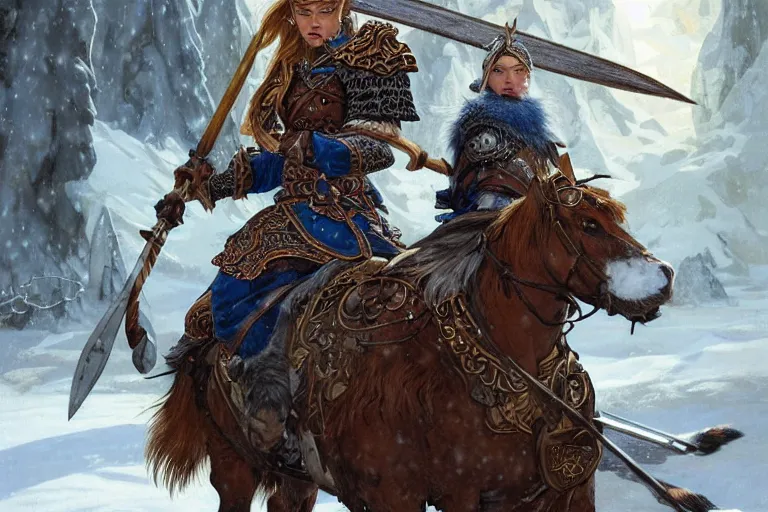 Image similar to azure viking warrior with animal companion, regal, elegant, winter, snow, beautiful, stunning, hd, illustration, epic, d & d, fantasy, intricate, elegant, highly detailed, digital painting, artstation, concept art, smooth, sharp focus, illustration, wallpaper, art by artgerm and greg rutkowski and alphonse mucha and jin xiaodi