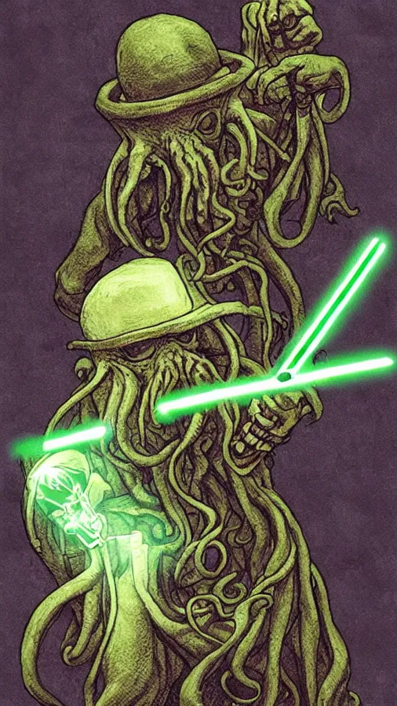 Image similar to Cthulhu wearing a Sherlock Holmes's hat and holding a lightsaber