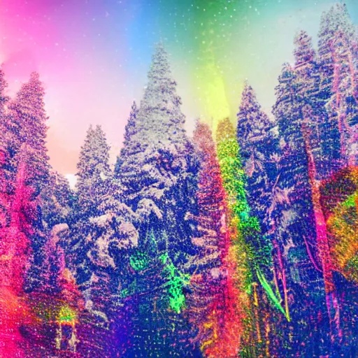 Image similar to double exposure of a white snowy forest and a colorful hologram city