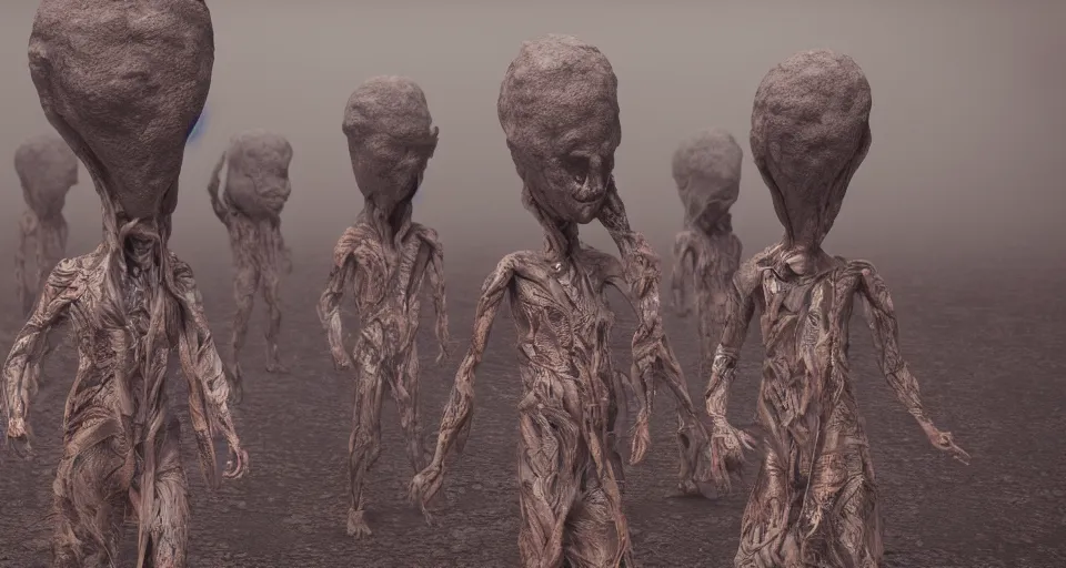 Prompt: a photo of humanoid aliens! with floral heads wearing robes in a foggy desert, octane render, cg society,