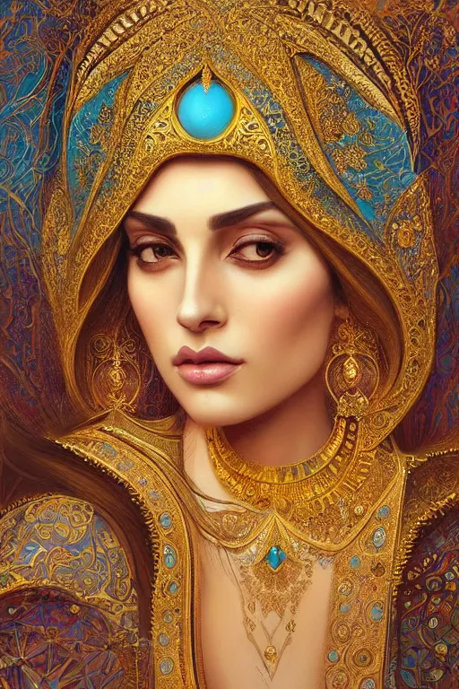 Image similar to Beautiful portrait of a Persian Princess who is an architect, beautiful princess, face painting, architecture, persian style architecture, dramatic lighting, intricate, wild, highly detailed, digital painting, artstation, concept art, smooth, sharp focus, illustration, gold+yellow+white+Turquoise, art by artgerm and greg rutkowski and alphonse mucha, footage from space camera