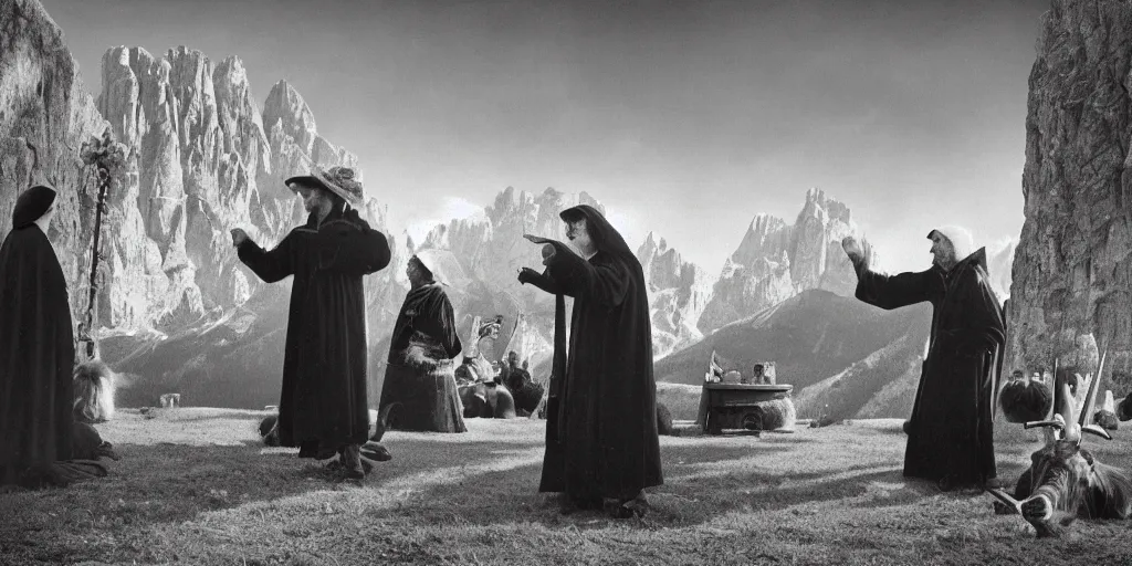 Image similar to 1920s photography of an occult ceremony meeting with dolomites in the background, priests with hay coats and horns, occult signs, wicca, alp, dolomites, alpine, detailed intricate insanely detailed octane render, 8k artistic 1920s photography, photorealistic, black and white, chiaroscuro, hd, by David Cronenberg, Raphael, Caravaggio