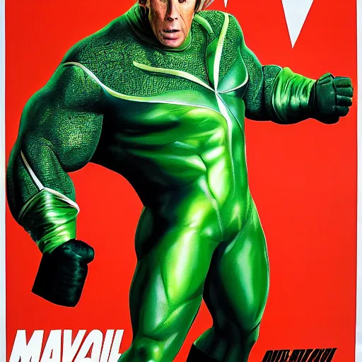 Prompt: action hero Michael Bay movie poster featuring Marvel Majestic Fat Pigeon in a extravagant full body green suit by Alex Ross, oil painting