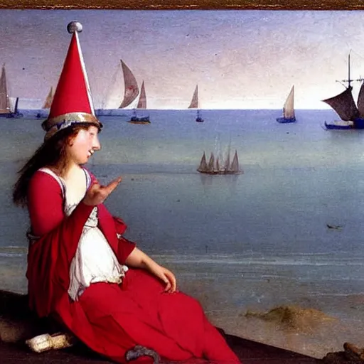 Image similar to A girl with jester hat and clothes on a greek circle archi on the front of a Balustrade with a beach and a sail boat on the background, night night night night night, major arcana cards, by paul delaroche and arnold böcklin hyperrealistic 8k, very detailed