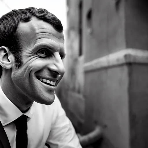 Image similar to closeup portrait of emmanuel macron smiling trying to rob you at gunpoint in a smoky back street, natural light, sharp, detailed face, magazine, press, photo, steve mccurry, david lazar, canon, nikon, focus