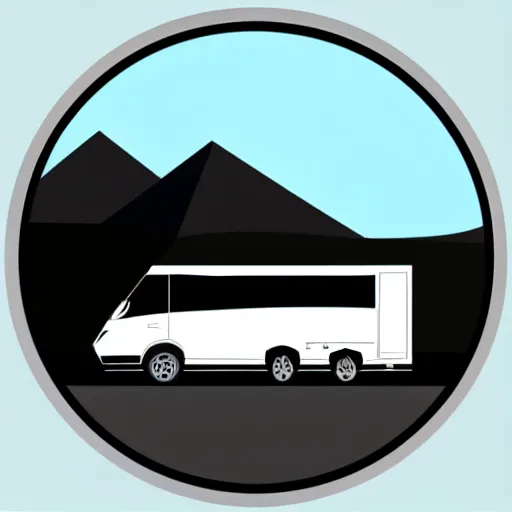 Image similar to very very very stylized minimal vector graphic of a white and black thor chateau motorhome, highway, mountains and sunset!!, white background, all enclosed in a circle, dramatic, professional minimal graphic design cartoon, award winning