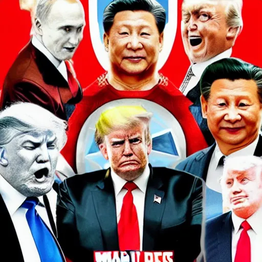 Image similar to avengers - style movie poster with faces of biden, trump, putin, xi jinping, macron, donkey, nuclear bomb in the background, cinematic, realistic, high quality