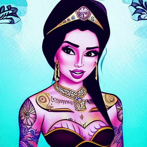 Prompt: princess jasmine as an instagram influencer, tattoos, photorealism, high detail,