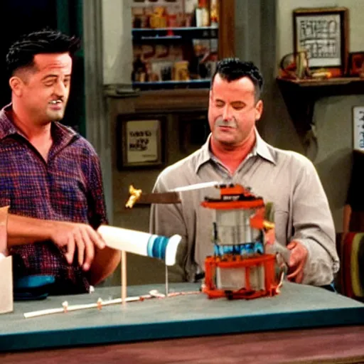 Prompt: A scene from Friends where Joey and Chandler starts to build a rocket from scratch