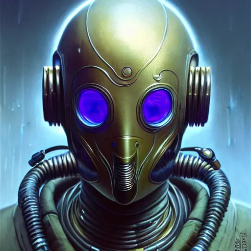 Image similar to low angle front shot of a cyberpunk gazmask robot character wearing a gazmask, intricate, elegant, highly detailed, centered, digital painting, artstation, concept art, smooth, sharp focus, illustration, artgerm, Tomasz Alen Kopera, Peter Mohrbacher, donato giancola, Joseph Christian Leyendecker, WLOP, Boris Vallejo