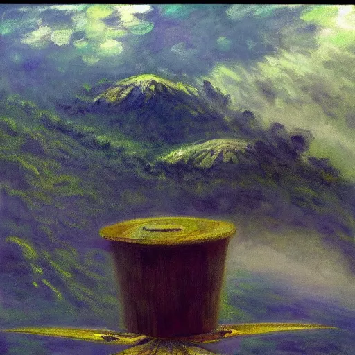 Prompt: a beautiful painting about a futuristic military landing in a misty rainforest, surrounded by mountains and clouds. Trending on Artstation. modern atlantic prism quetzal cabinet urn lemon, by Claude Monet and Paul