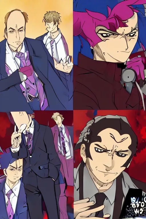 Prompt: Saul Goodman as a hardcore anime character, in the style of Jojo's Bizarre Adventure