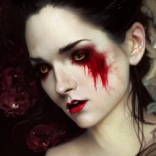 Prompt: portrait of a very beautiful vampire by Stanley Artgerm Lau , greg rutkowski, thomas kindkade, alphonse mucha, loish, norman rockwell, J. C. Leyendecker. dark black hair, pale skin, detailed eyes, red lips, crying tears of blood. Trending on artstation rule of thirds extremely detailed illustration hd 4k