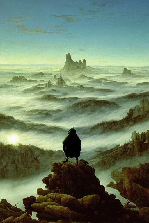 Image similar to Pepe the Frog in painting Wanderer above the Sea of Fog by Caspar David Friedrich,