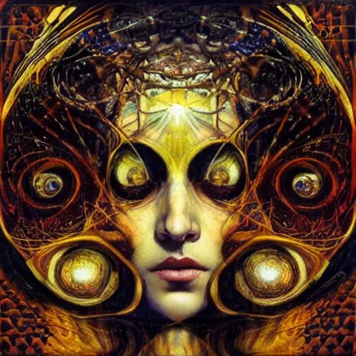 Prompt: Divine Chaos Engine by Karol Bak, Jean Deville, Gustav Klimt, and Vincent Van Gogh, beautiful visionary face portrait, sacred geometry, mystic, otherworldly, fractal structures, ornate gilded medieval icon, third eye, spirals