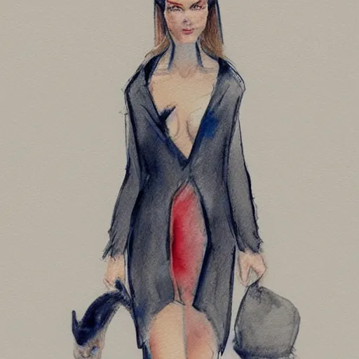 Image similar to model fashion show, cat walk, artstation, sketch in watercolors.