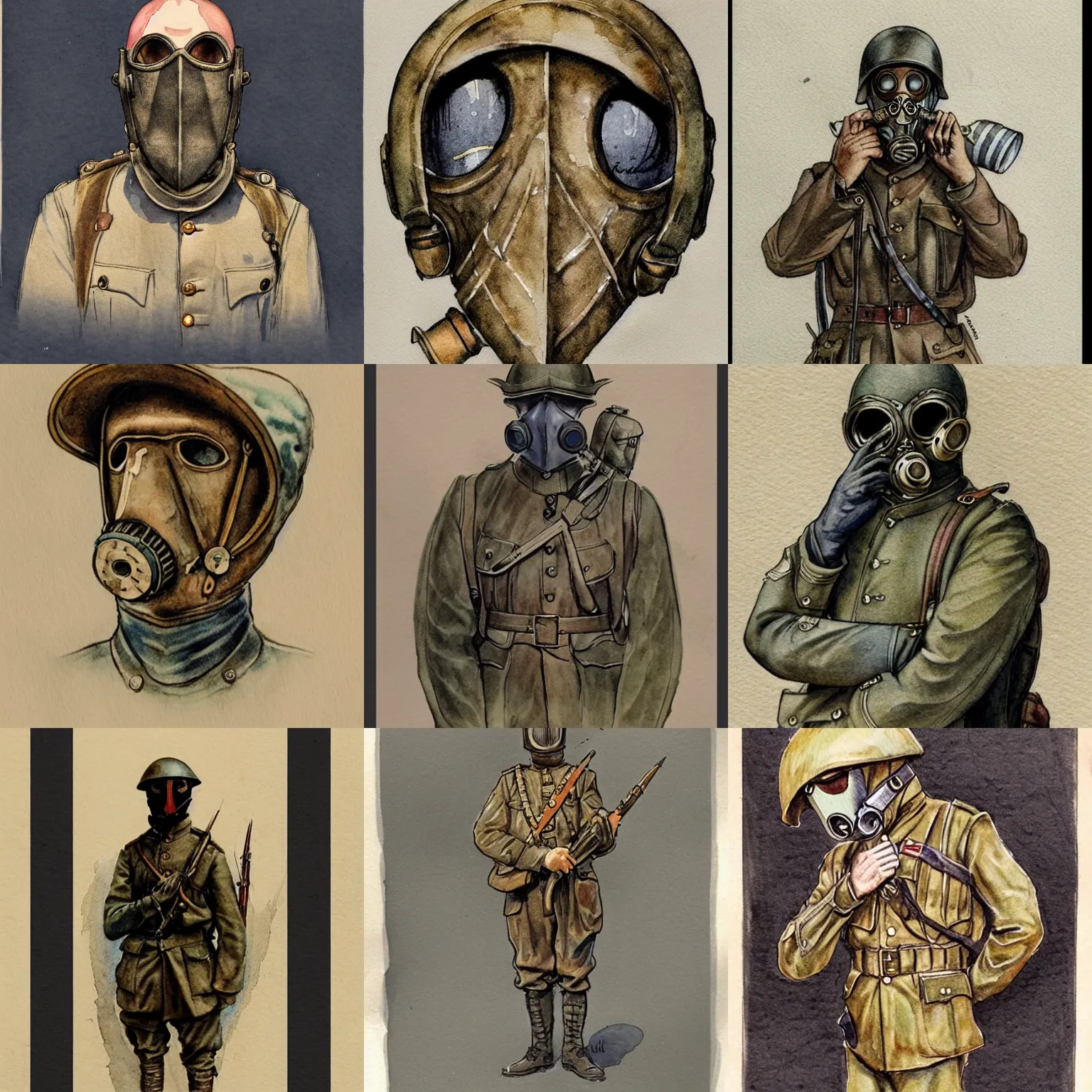 Image similar to beautiful aesthetic inspirational masterful professional ink pen and watercolor sketch of an occult mystical 1 9 1 0 s ww 1 - era soldier in ww 1 verdun gas mask, ultra detailed, fine details, trending on artstation, high quality paper