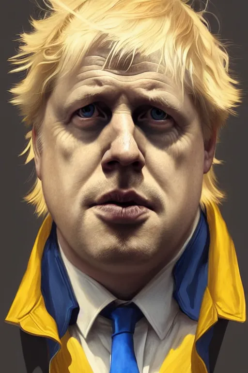 Image similar to Boris Johnson as an X man, visible face, realistic portrait, gold and blue, highly detailed, digital painting, artstation, concept art, smooth, sharp focus, illustration, cinematic lighting, art by artgerm and greg rutkowski and alphonse mucha