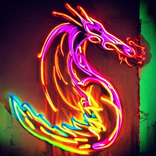 Image similar to “fire breathing dragon, neon graffiti, vivid colours”