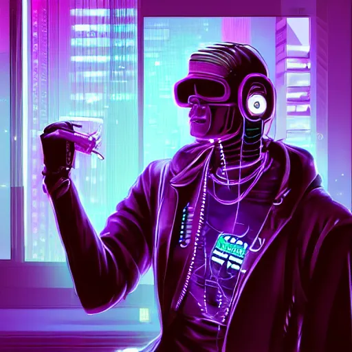 Prompt: A cyberpunk cybernetic synthwave android smoking weed