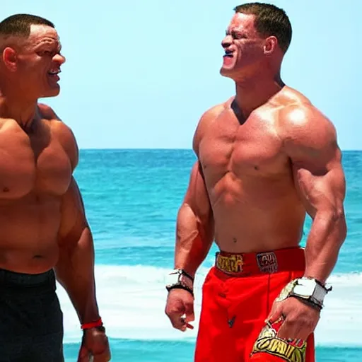 Prompt: John Cena fights Will Smith on the beach