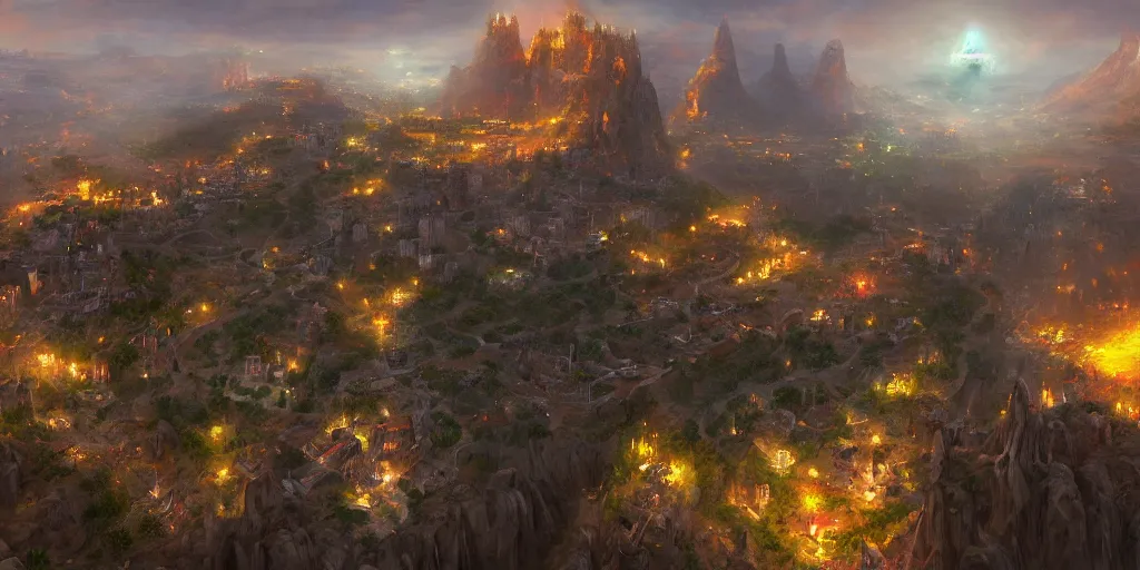 Prompt: an african city in a valley bordered by a fortress on the mountain side with three towers, multicolored spirits flying in the skies, highly detailed, fantasy art, cinematic volume lighting, 4k, illustration, epic scene, trending on artstation, art by Sebastian Luca