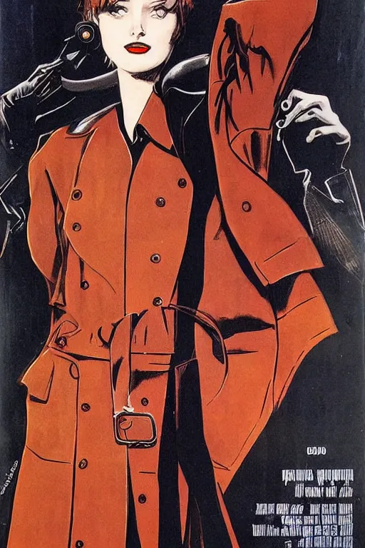 Prompt: A beautiful spy girl with a very stylish trenchcoat by Moebius, bob cut hair, movie poster