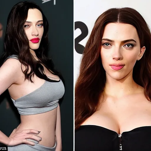 Image similar to a woman who is a genetic combination of kim kardashian and kat dennings and scarlett johansson and margot robbie and emma watson, face and upper - body focus