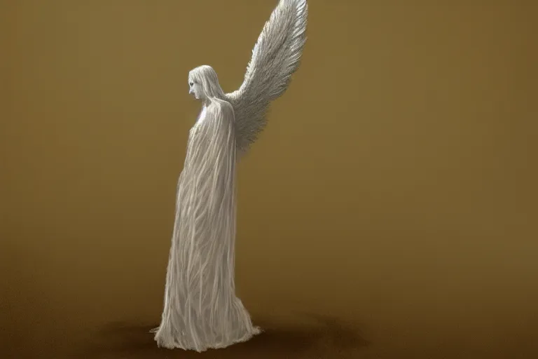 Prompt: a white angel with feathered wings open, digital art in the style of Zdzislaw Beksinski , 4k