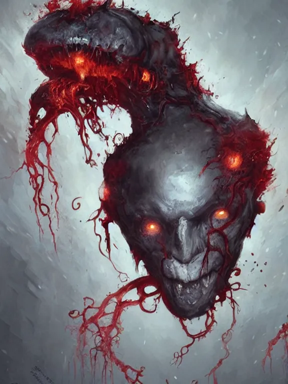 Image similar to painting by greg rutkowski of a flying human head with tears running down it's face face that is chalk white in color, with tentacles coming of the neck, fiery scorching red eyes, flying in a terrying hellish dark cavernous place