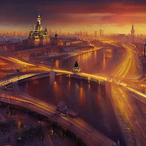 Image similar to a beautiful highly detailed matte painting of a night at Moscow city, by Jose Daniel Cabrera Pena and Leonid Kozienko concept art by Tooth Wuan