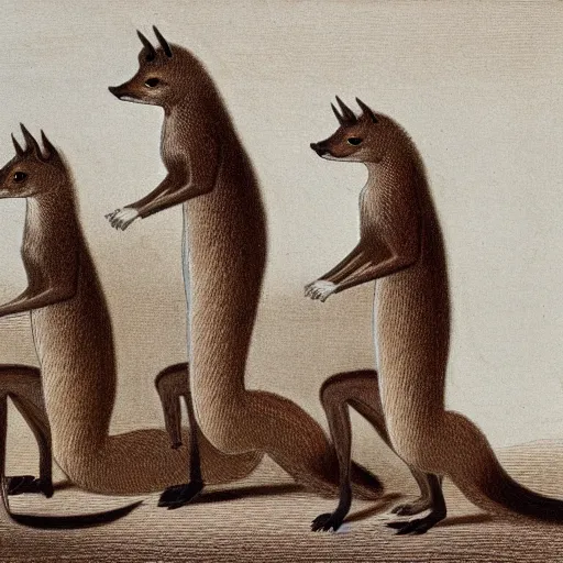 Image similar to group of long necked fox wolf rats wearing coats, by george stubbs