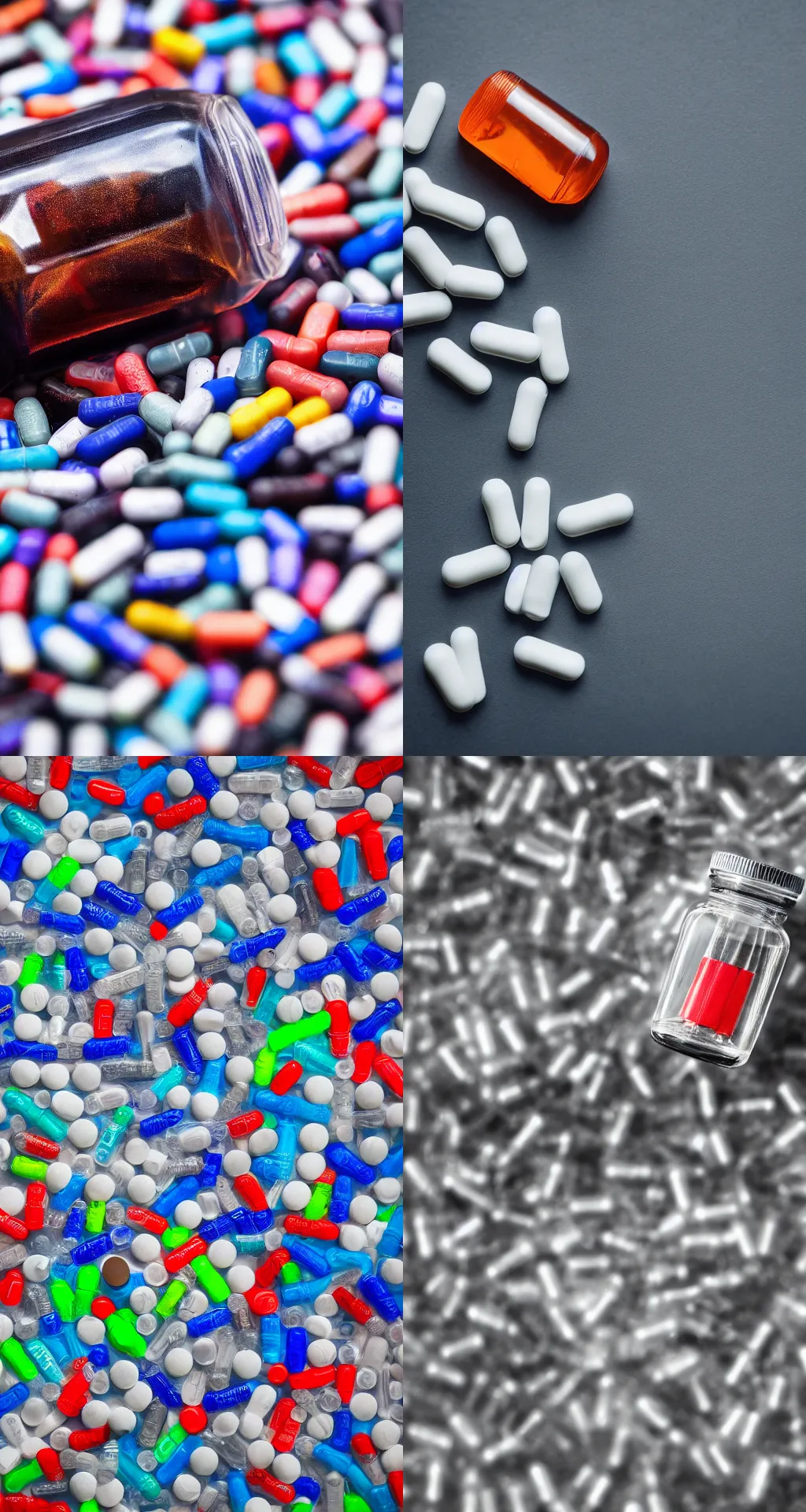 Prompt: plastic bottle containing pill with open cap, full shot, 4k high res photograph