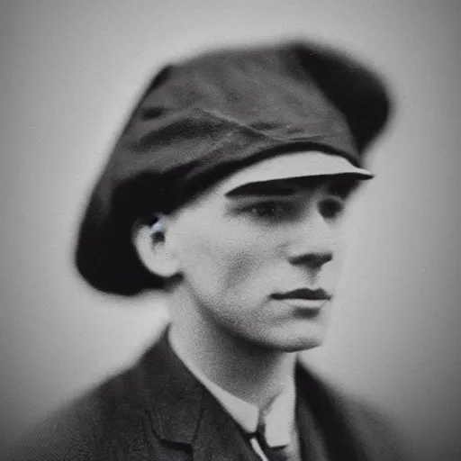 Image similar to A photograph portrait of Jerma985 wearing a newsboy cap in the early 1900s, taken in the early 1900s, grainy, taken on a early 1900s Kodak Camera, realistic, hyperrealistic, very realistic, highly detailed, very detailed, extremely detailed, detailed, digital art, trending on artstation