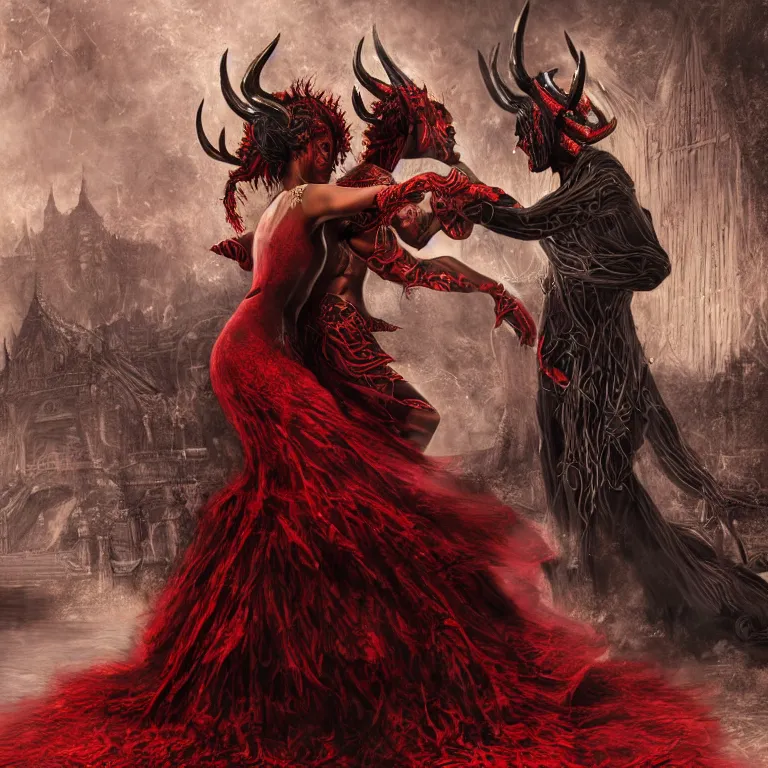 Image similar to black man and a woman-devil in red dress with horns are dancing together, in Dark souls and elden ring style, insanely detailed and intricate, golden ratio, hypermaximalist, elegant, ornate, luxury, elite, ominous, haunting, matte painting, cinematic, cgsociety, James jean, Brian froud, ross tran, Laputa