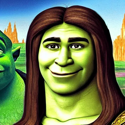 Image similar to shrek from shrek as a glorious devout shining powerful epic amazing awesome very handsome attractive muscular stylish knight in shining golden armor with long lush golden hair a strong jaw and attractive green eyes, fantasy art, hyper detailed, extremely complex, hyper realistic, similar to the mona lisa, art by leonardo devinci