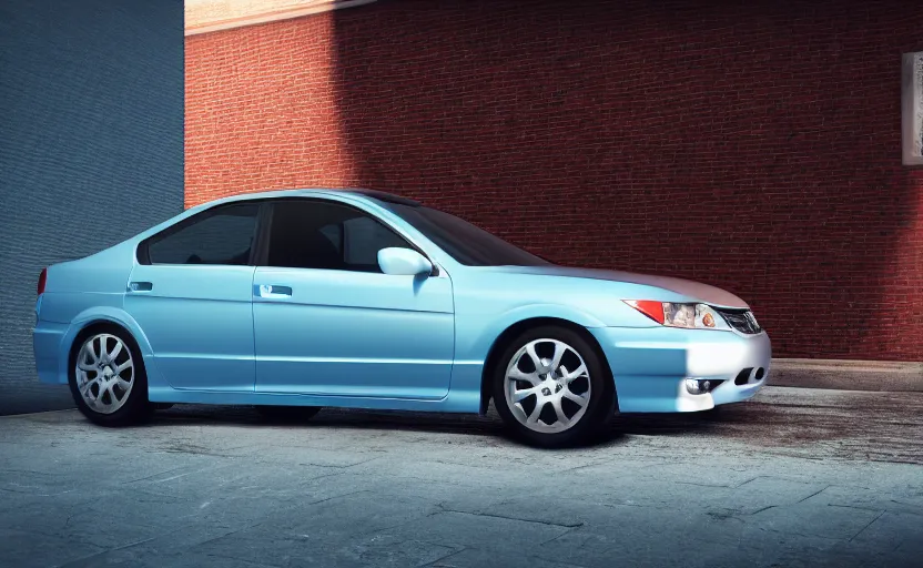 Image similar to blue 2 0 0 3 honda accord parked near a grey brick garage at sunrise, oil puddle under car, concept art, octane render, unreal engine 5, trending on artstation, high quality, 8 k, soft lighting, path traced, hyperrealistic, highly detailed, digital art, symmetrical, cinematic, high coherence, godrays